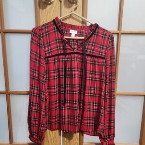 Jcrew Red and Black Plaid Long Sleeve Blouse
